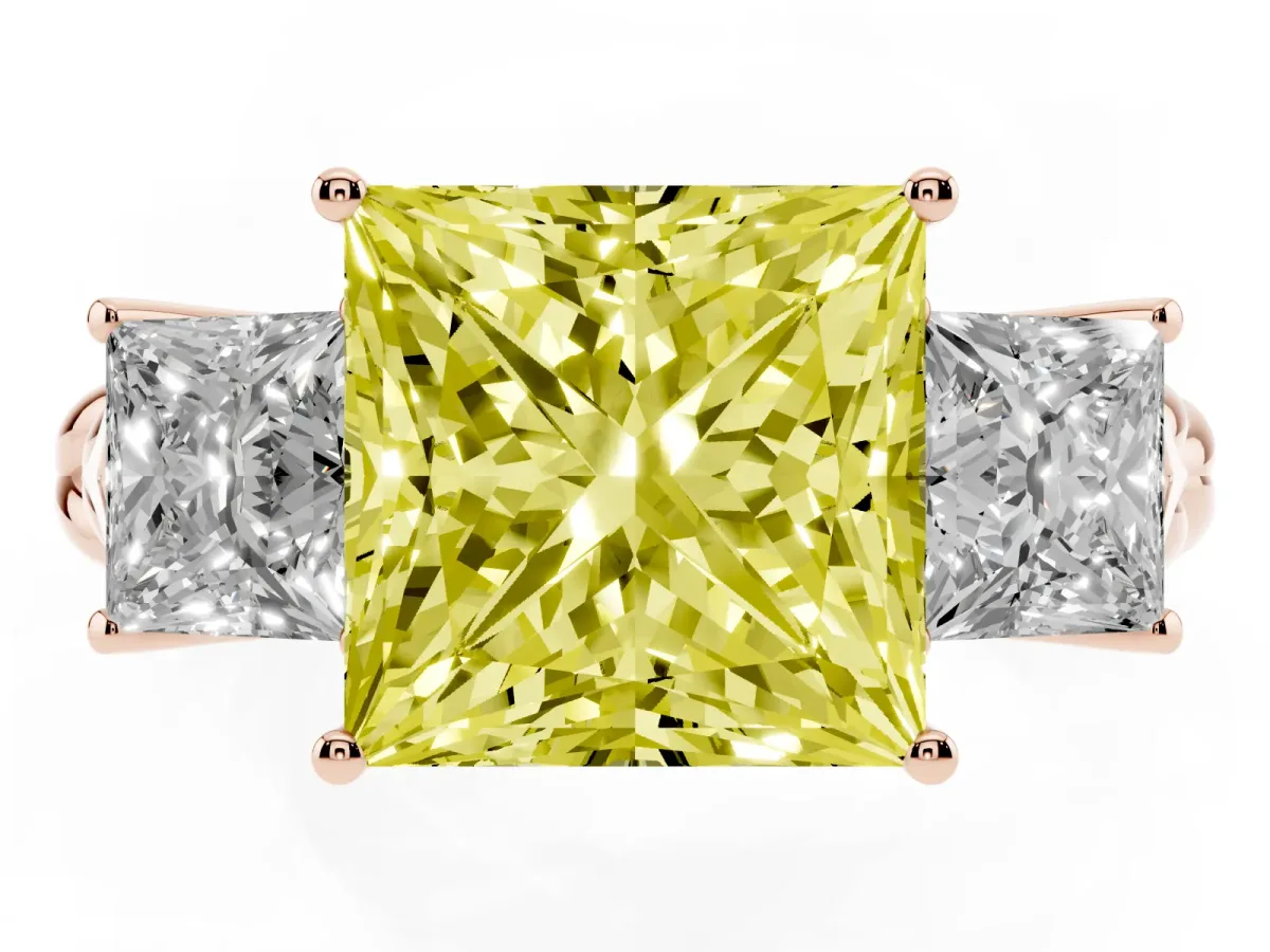 Fancy Yellow Three-Stone Princess Cut Diamond Braided Band Ring with Four-Prong Setting Rose gold