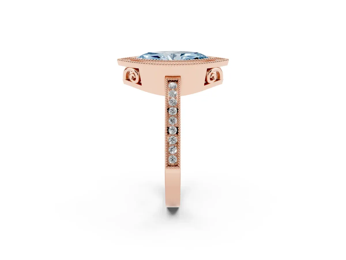 Fancy Blue Marquise Cut Cut Halo Diamond Ring with Pavé Band and Milgrain Prong Setting Rose gold