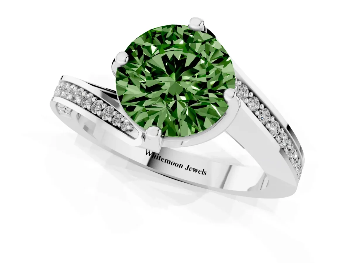 Fancy Green Round Cut Solitaire Diamond Twist Band with Pavé Setting and Four-Prong Setting Platinum