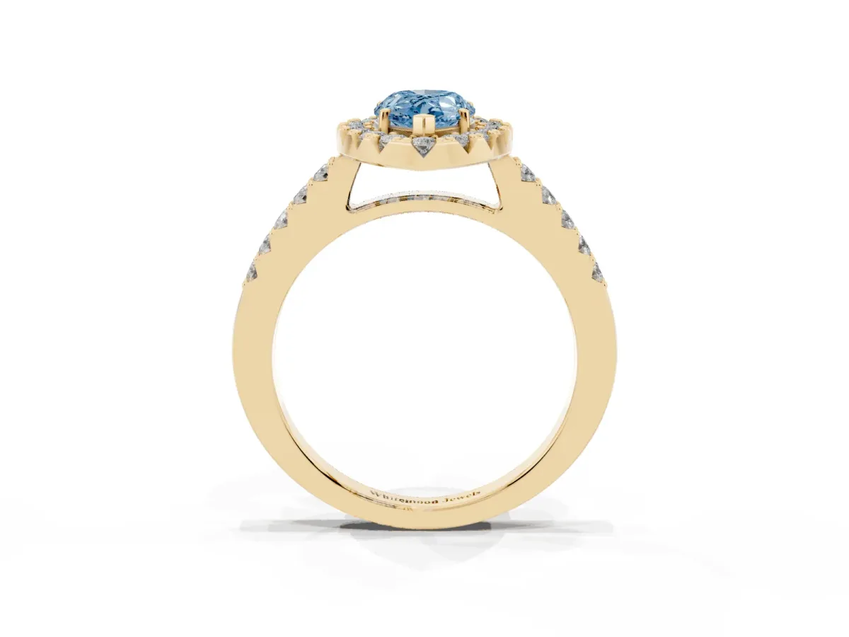 Fancy Blue Pear Cut Halo Diamond Pavé Solitaire Ring Yellow gold