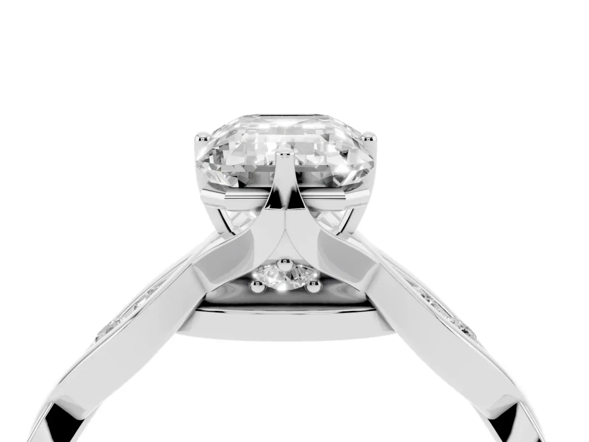 Emerald Cut Solitaire Twist Band with Leaf Prong Setting Silver