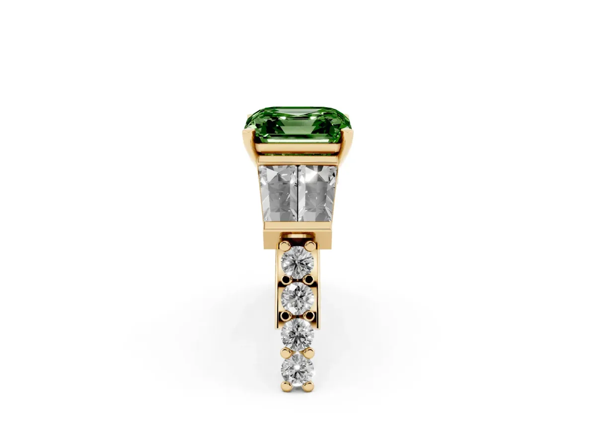 Fancy Green Asscher Cut Diamond Engagement Ring with Baguette Side Stones and Channel Set Band Yellow gold