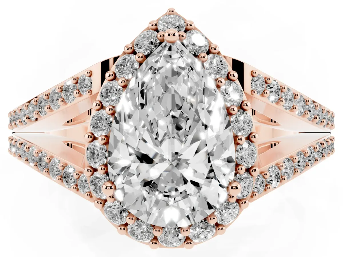 Pear Cut Halo Split Shank Pave Diamond Ring with Four-Prong Setting Rose gold