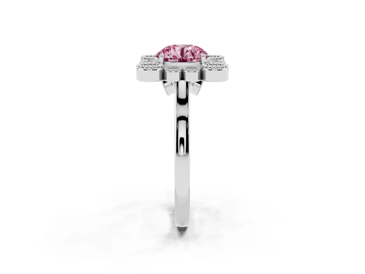 Fancy Pink Round Cut Halo Diamond Cluster Engagement Ring with Milgrain Bezel Setting and Solitaire Band Platinum