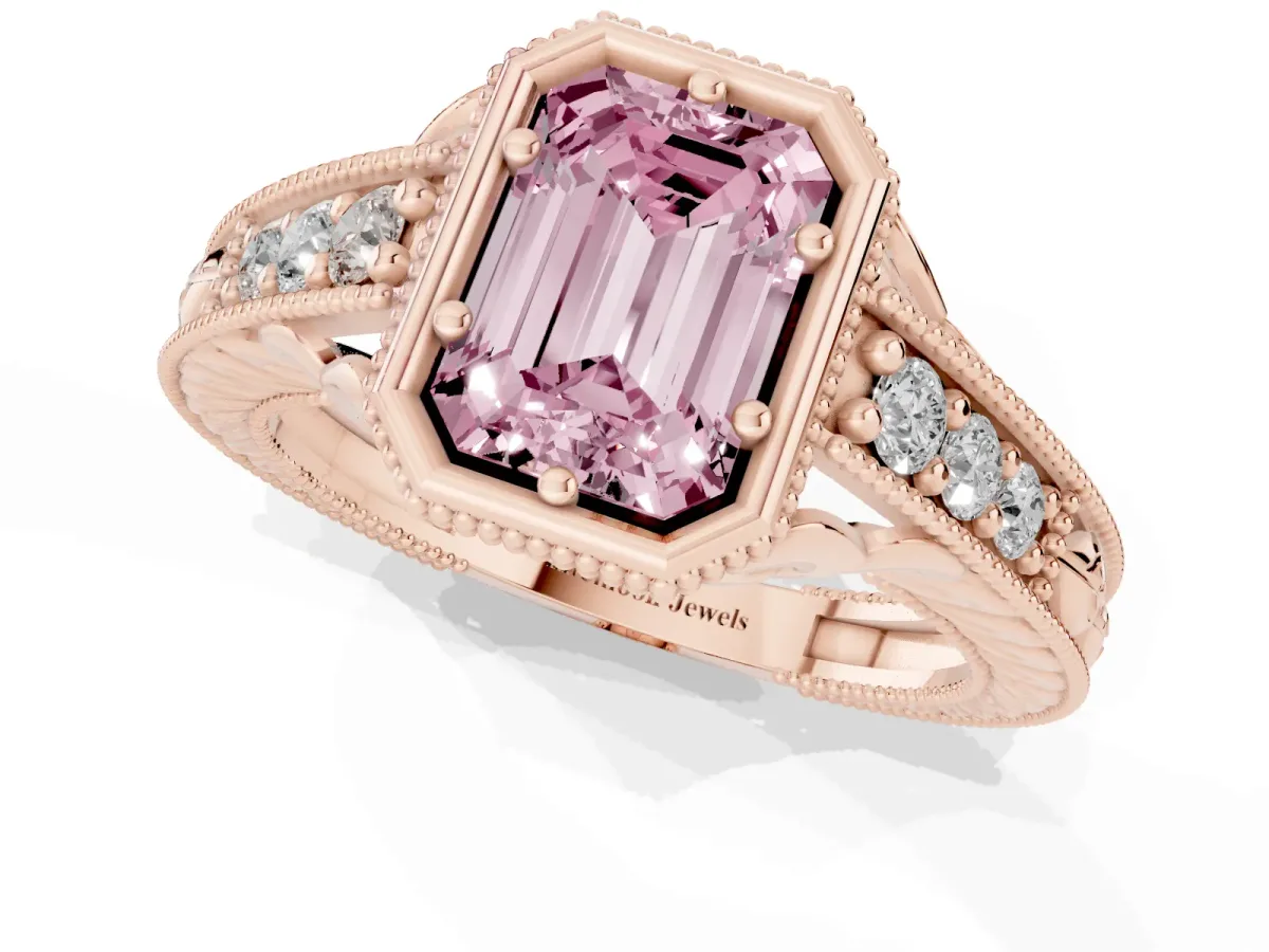 Fancy Pink Bezel Set Emerald Cut Diamond Milgrain Pave Engagement Ring Rose gold