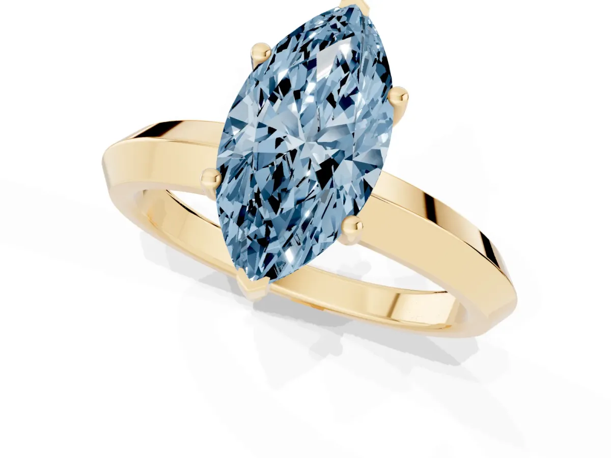 Fancy Blue Marquise Cut Cut Solitaire Engagement Ring with Flat Band and Four-Prong Setting Yellow gold