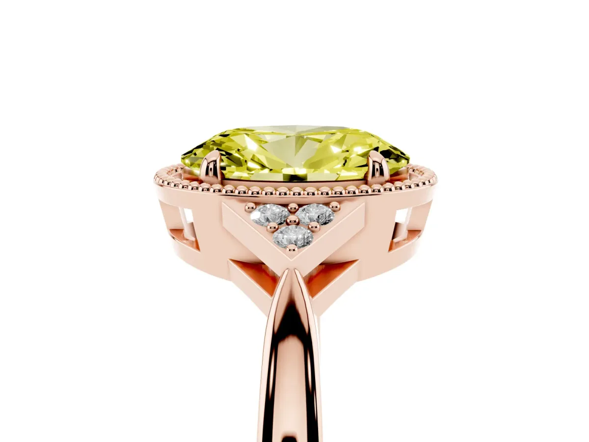 Fancy Yellow Hexagonal Halo Oval Cut Diamond Solitaire with Pavé Band and Four-Prong Setting Rose gold