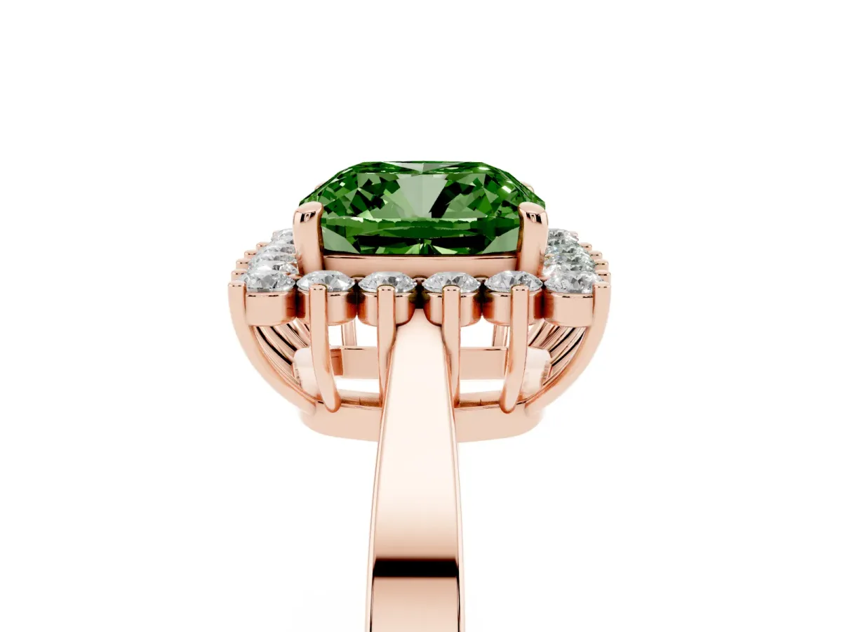 Fancy Green Cushion Cut Cut Diamond Halo Ring with Round Brilliant Halo and Solitaire Band Rose gold