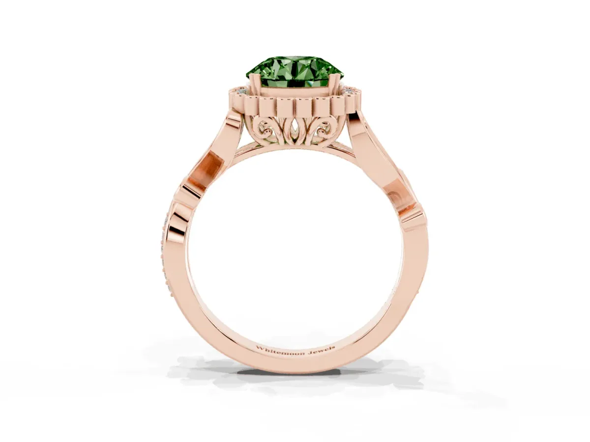 Fancy Green Round Cut Diamond Halo Ring with Vintage Split Shank and Four-Prong Setting Rose gold