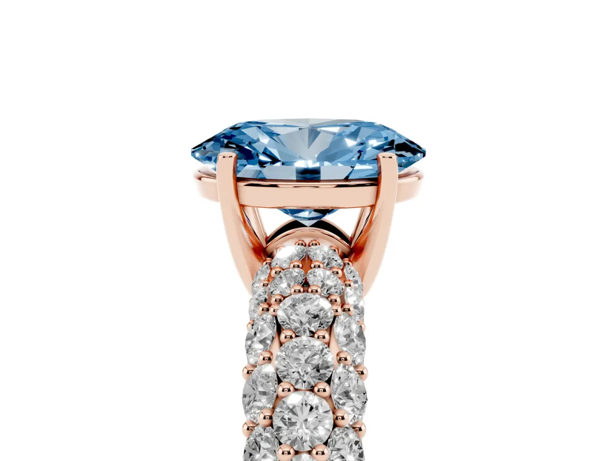 Fancy Blue Oval Cut Diamond Pavé Band Solitaire Ring with Four-Prong Setting Rose gold