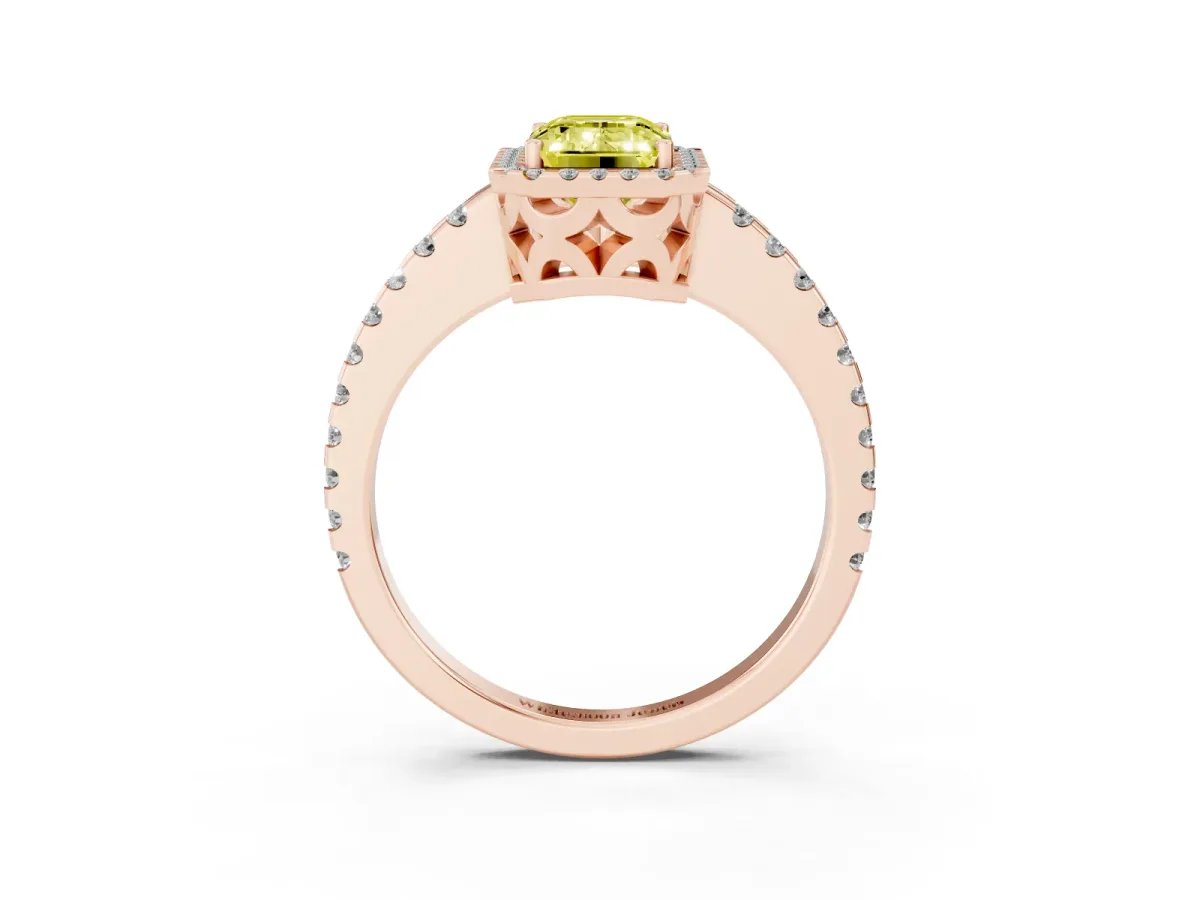 Fancy Yellow Emerald Cut Diamond Halo Engagement Ring with Pavé Band and Prong Setting Rose gold