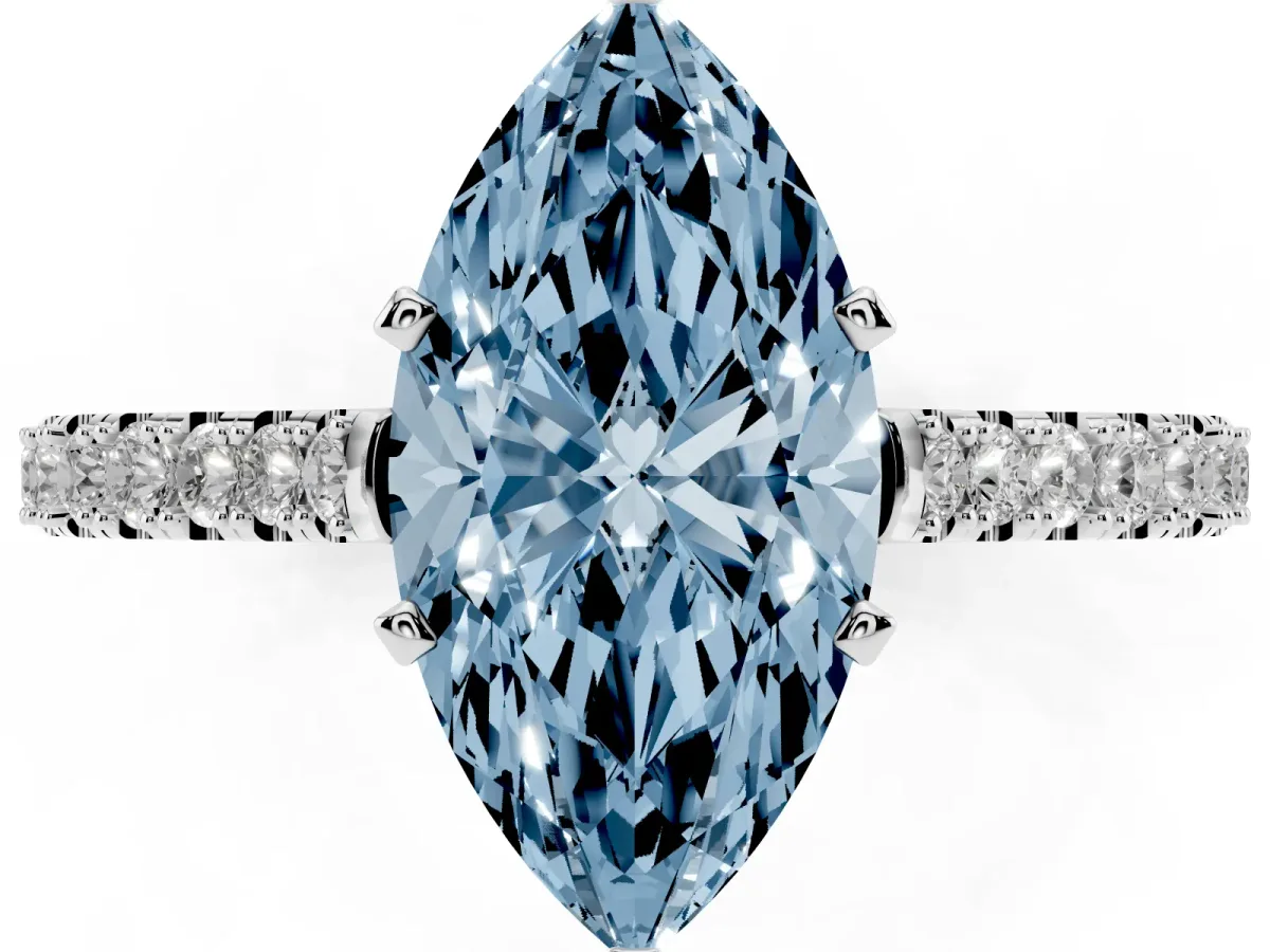 Fancy Blue Marquise Cut Cut Solitaire Diamond Engagement Ring with Pave Band and Four-Prong Setting Silver