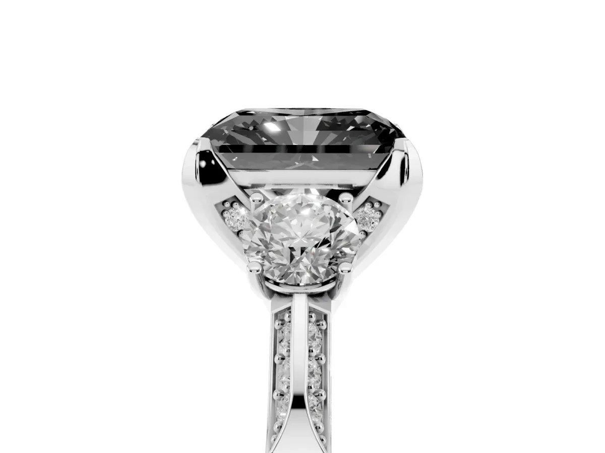 Fancy Black Radiant Cut Brilliant Three-Stone Diamond Ring with Pavé Band and Four-Prong Setting Platinum