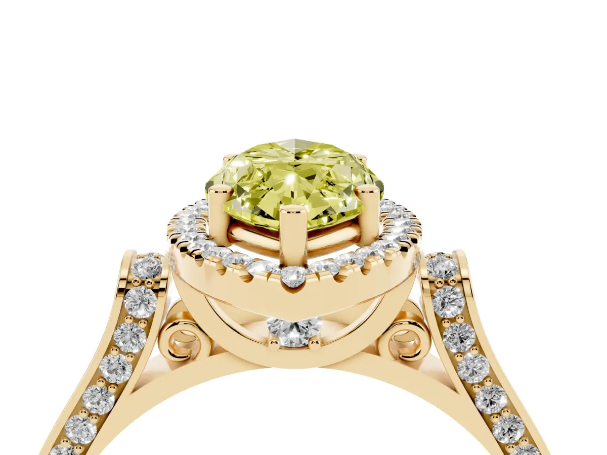 Fancy Yellow Marquise Cut Halo Round Diamond Twist Band with Four-Prong Setting Yellow gold