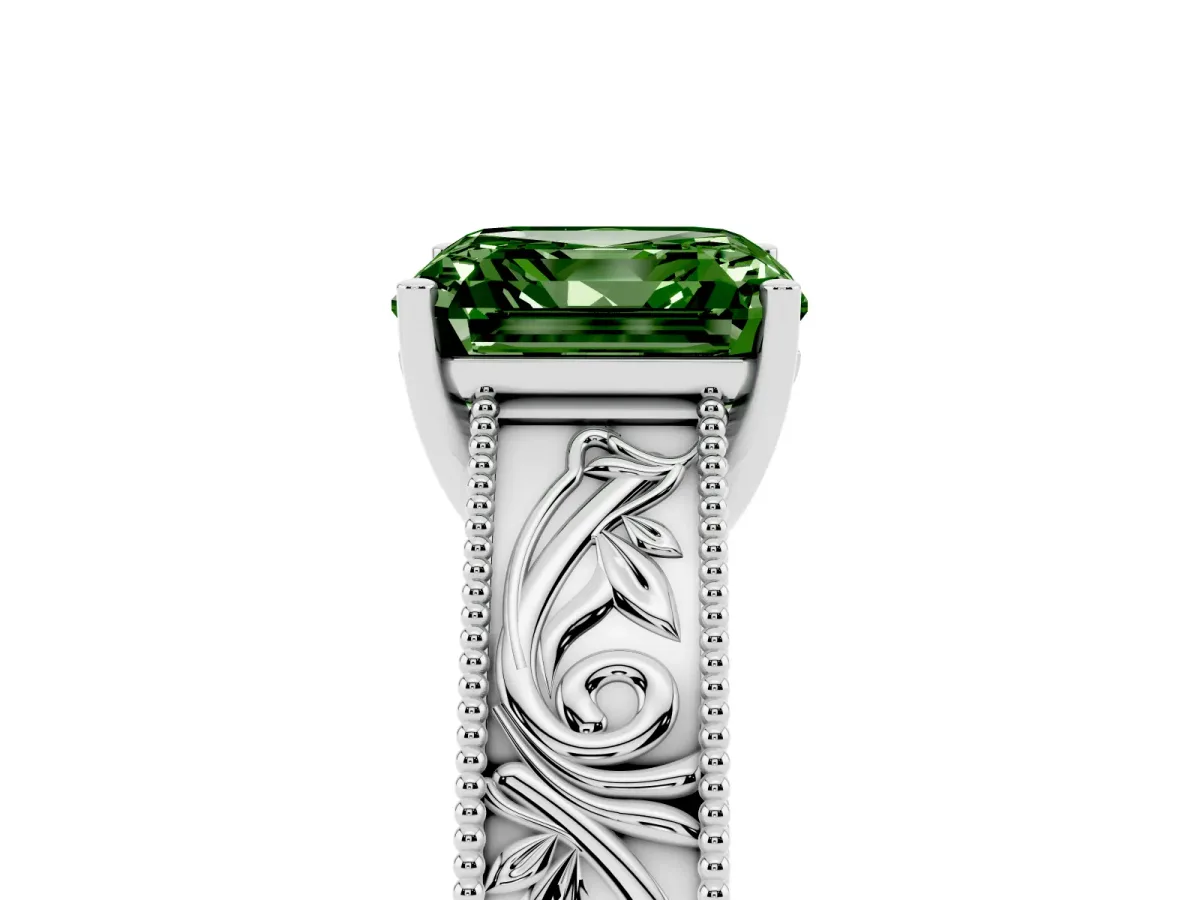 Fancy Green Asscher Cut Diamond Solitaire Ring with Engraved Band and Four-Prong Setting White gold