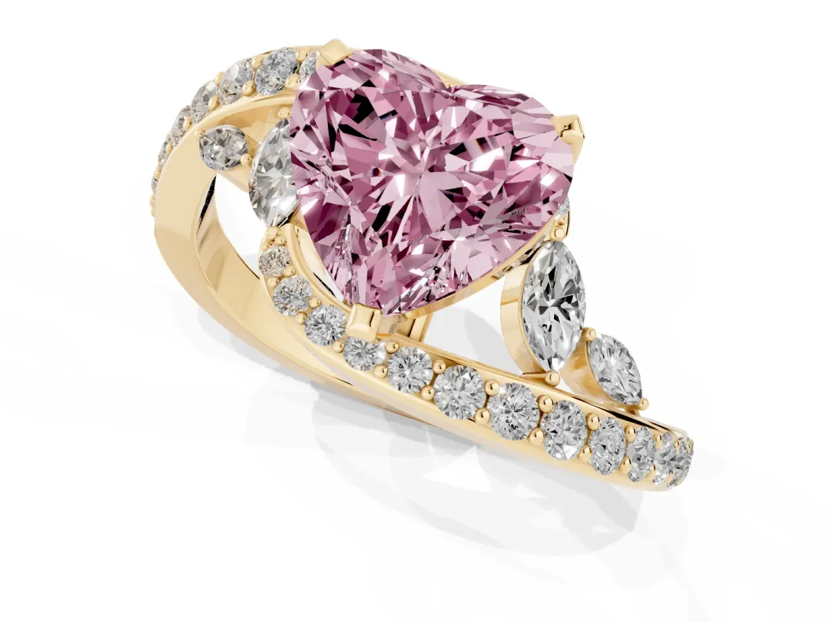 Fancy Pink Heart Cut Solitaire with Pavé Twist Band and Four-Prong Setting Yellow gold