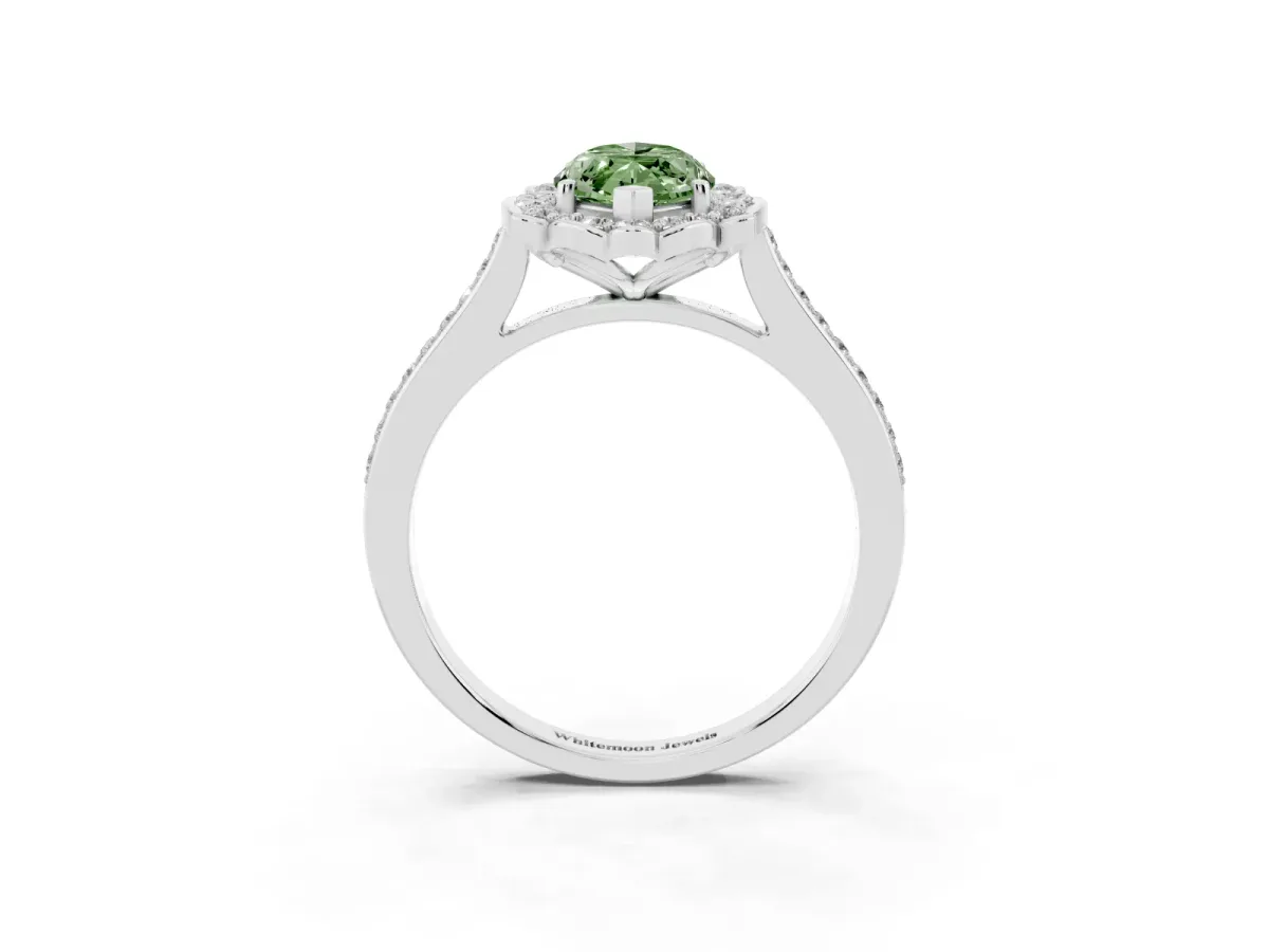Fancy Green Marquise Cut Halo Round Diamond Pave Band with Four-Prong Setting Platinum