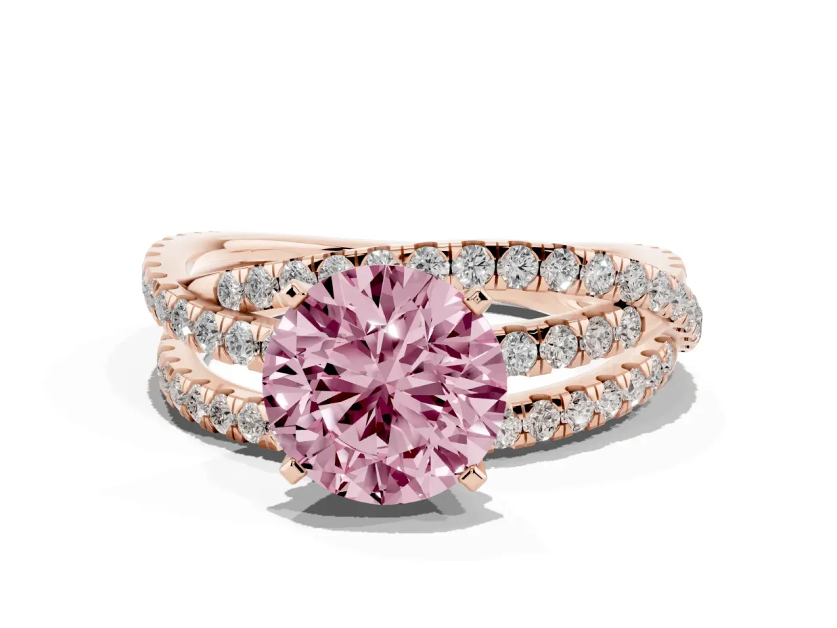 Fancy Pink Round Cut Solitaire Twist Band with Pavé Setting and Four-Prong Setting Rose gold