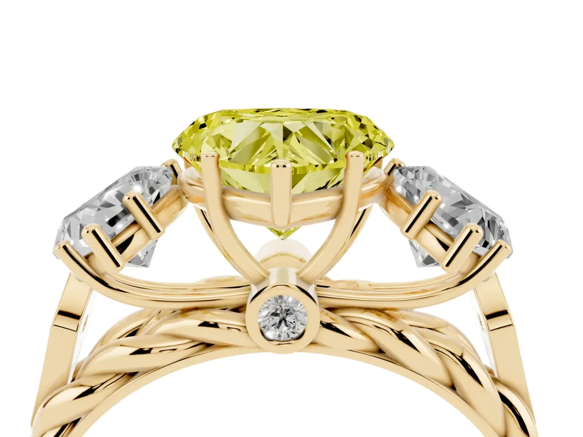 Fancy Yellow Three-Stone Heart Cut Diamond Braided Band Ring with Four-Prong Setting Yellow gold