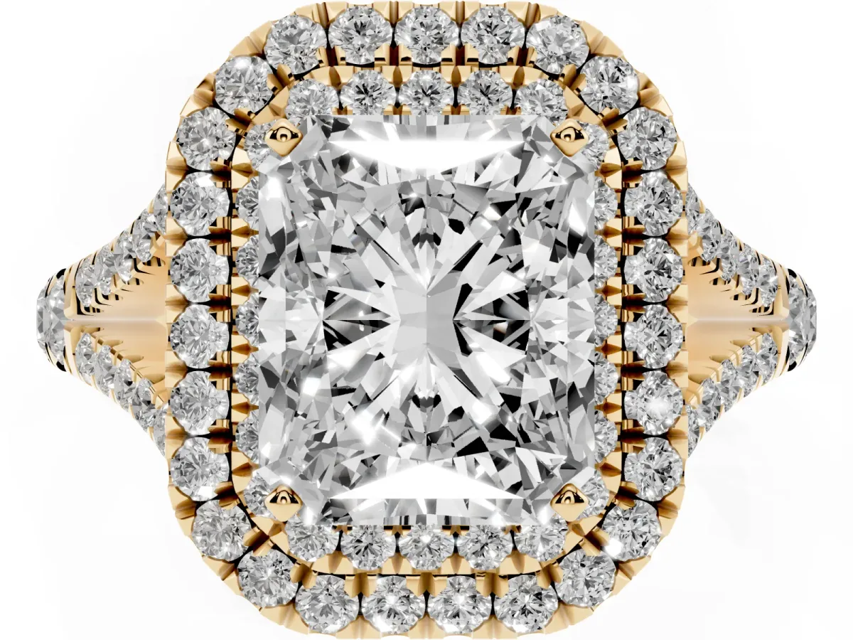 Radiant Cut Diamond Double Halo Ring with Split Shank and Prong Setting Yellow gold
