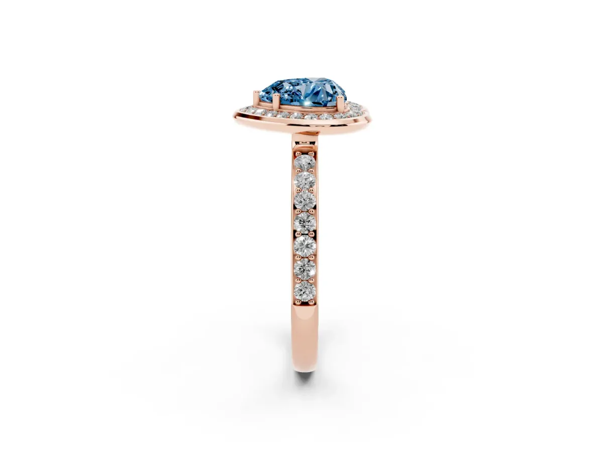 Fancy Blue Heart Cut Diamond Halo Ring with Bezel Frame and Pavé Band Rose gold