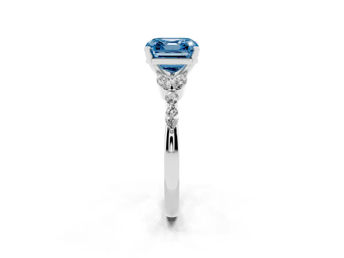 Fancy Blue Asscher Cut Diamond Solitaire Ring with Side Stones and Four-Prong Setting Silver
