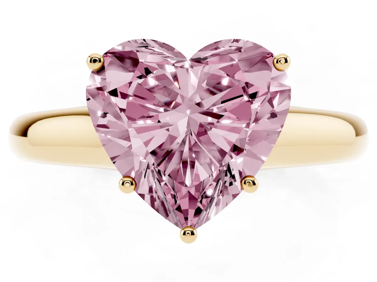 Fancy Pink Heart Cut Cut Diamond Solitaire Engagement Ring with Tapered Plain Band and Four-Prong Setting Yellow gold