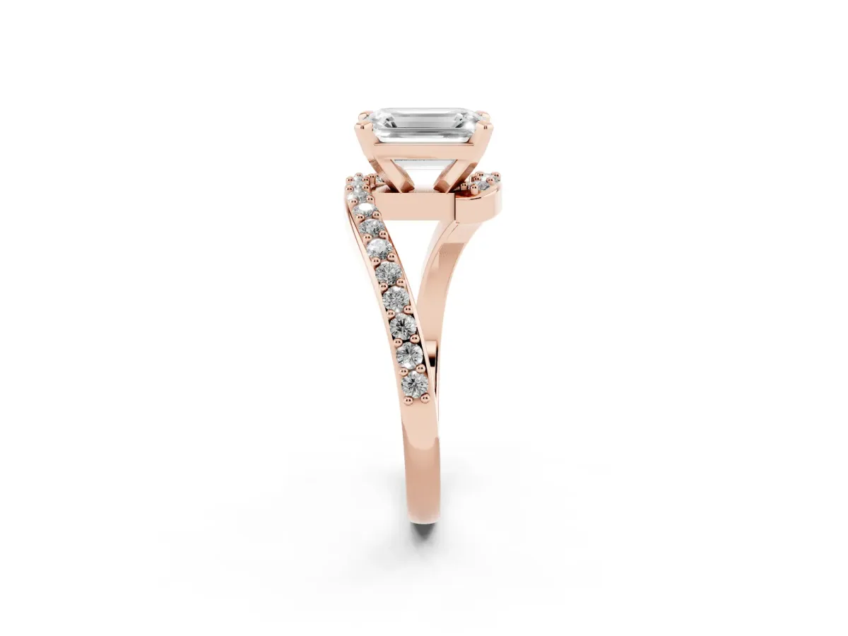 Emerald Cut Solitaire Twist Band with Pave Set Diamonds and Four-Prong Setting Rose gold