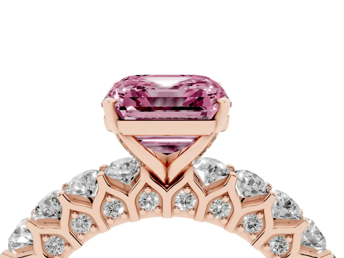 Fancy Pink Asscher Cut Diamond Solitaire Ring with Shared Prong Pavé Band and Four-Prong Setting Rose gold