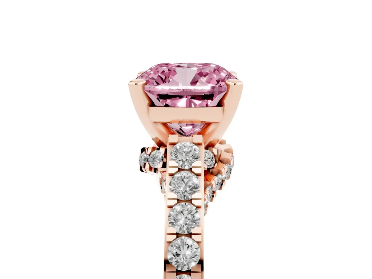 Fancy Pink Cushion Cut Diamond Solitaire Ring with Crossover Gallery and Round Pavé Band Rose gold