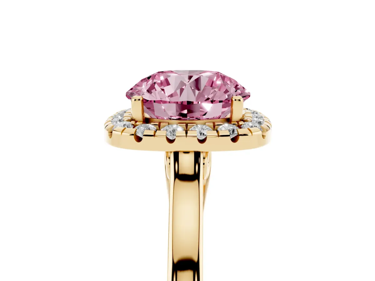 Fancy Pink Round Cut Halo Round Diamond Solitaire Ring with Pavé Band and Four-Prong Setting Yellow gold
