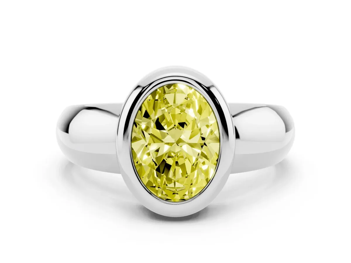 Fancy Yellow Bezel Set Oval Cut Solitaire Ring with Wide Band Platinum