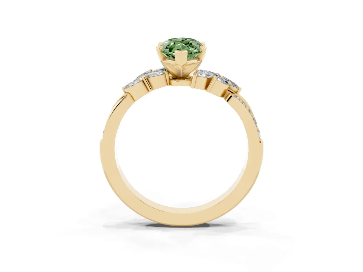 Fancy Green Marquise Cut Solitaire Marquise Twist Band with Six-Prong Setting Yellow gold