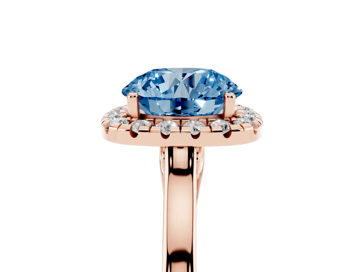 Fancy Blue Round Cut Halo Round Diamond Solitaire Ring with Pavé Band and Four-Prong Setting Rose gold