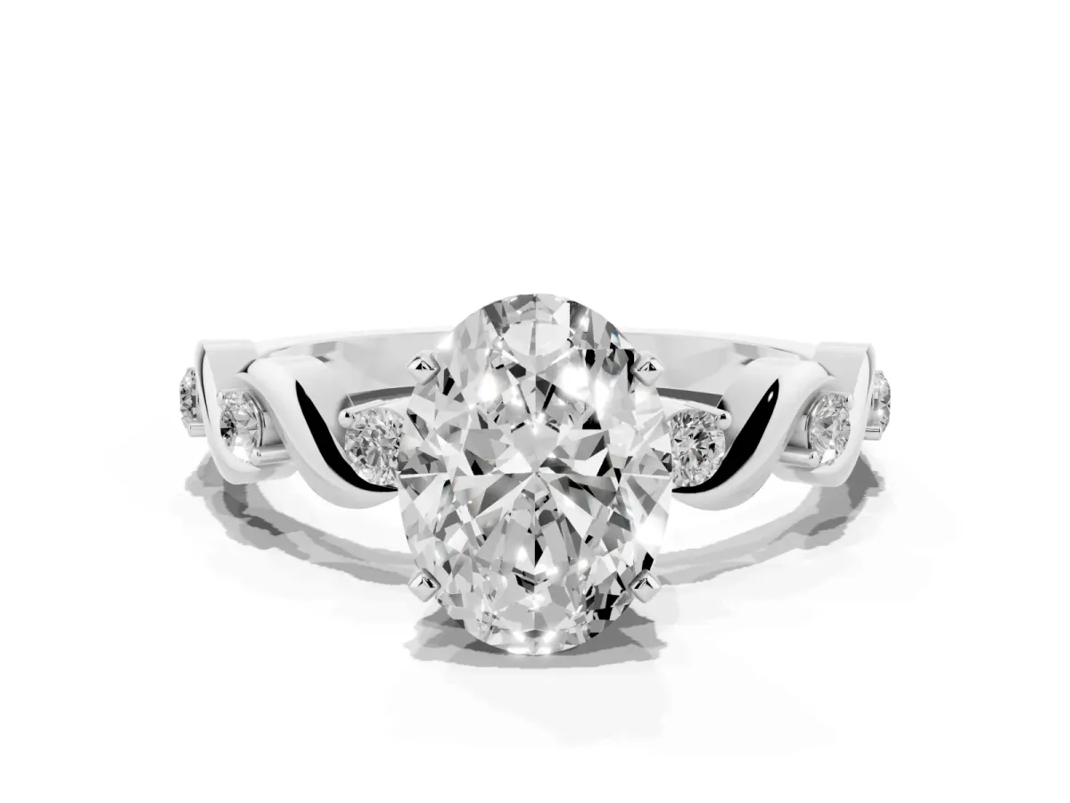 Oval Cut Diamond Solitaire Twisted Band with Round Accents and Prong Setting Silver