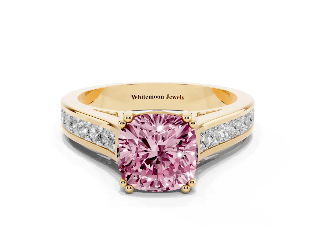 Fancy Pink Cushion Cut Cut Channel Set Solitaire Engagement Ring with Prong Setting Yellow gold