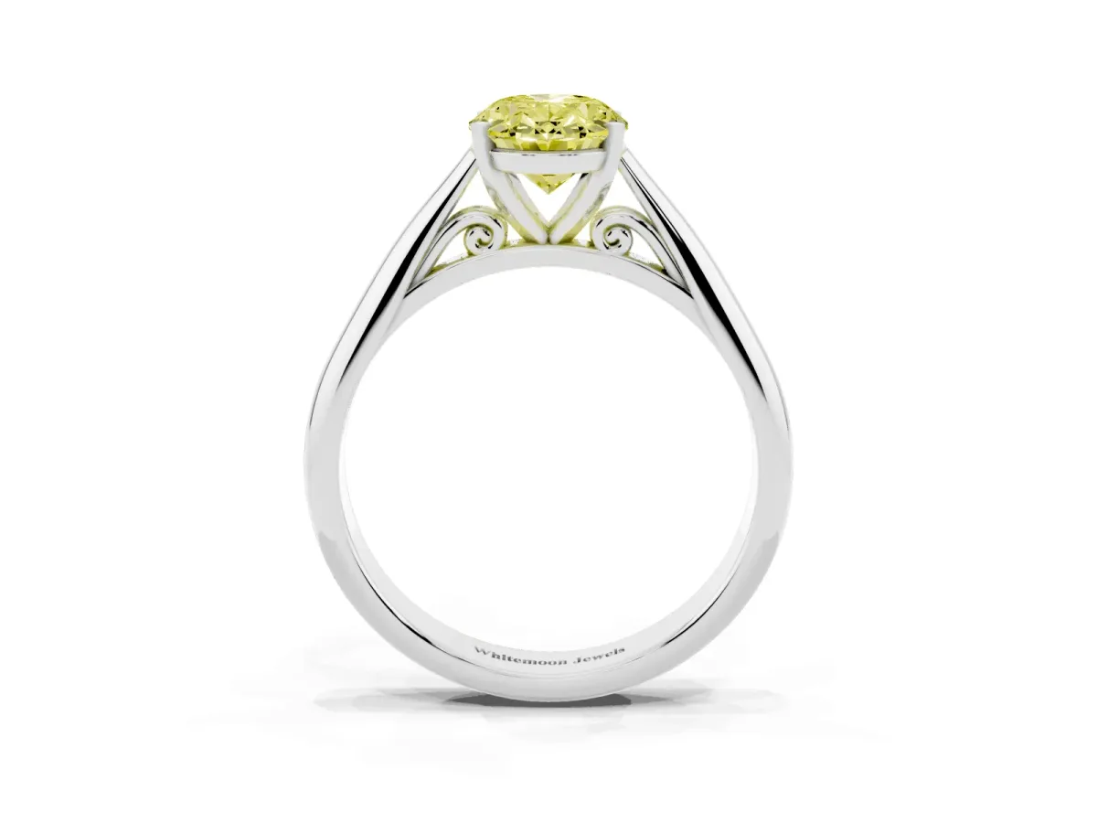 Fancy Yellow Oval Cut Diamond Solitaire Engagement Ring with Cathedral Setting and Four-Prong Mount Silver