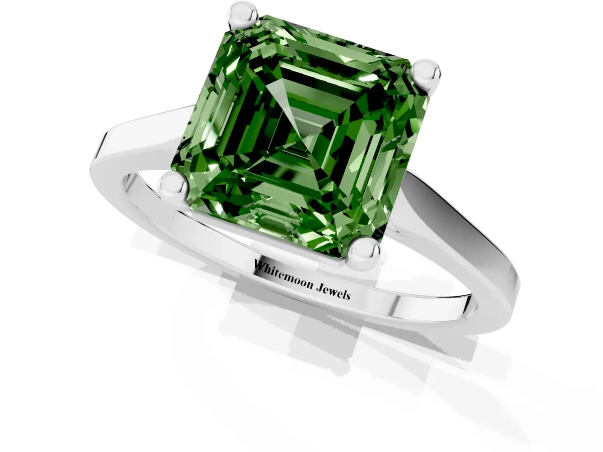 Fancy Green Asscher Cut Solitaire Diamond Ring with Four-Prong Setting and Tapered Band Silver