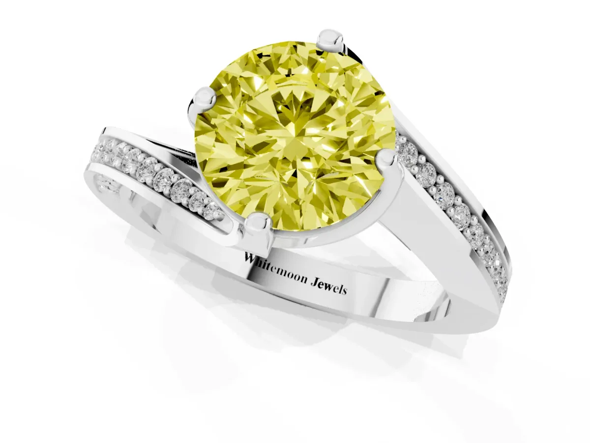 Fancy Yellow Round Cut Solitaire Diamond Twist Band with Pavé Setting and Four-Prong Setting Silver