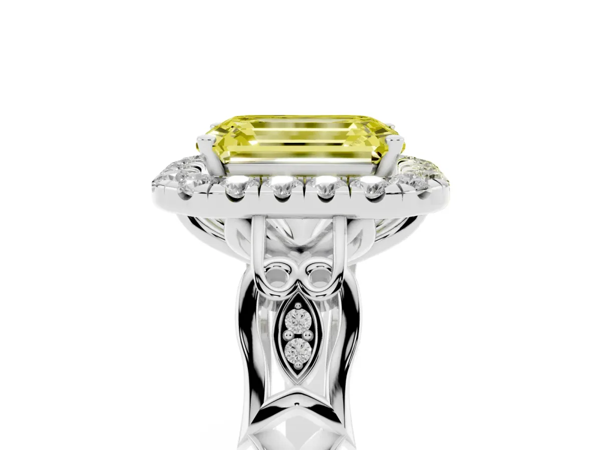 Fancy Yellow Emerald Cut Halo Diamond Engagement Ring with Filigree Band and Four-Prong Setting Platinum
