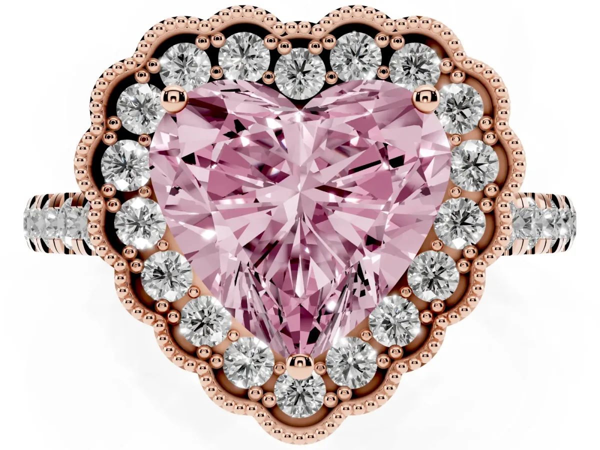 Fancy Pink Heart Cut Cut Diamond Milgrain Floral Halo Engagement Ring with Pavé Band Rose gold