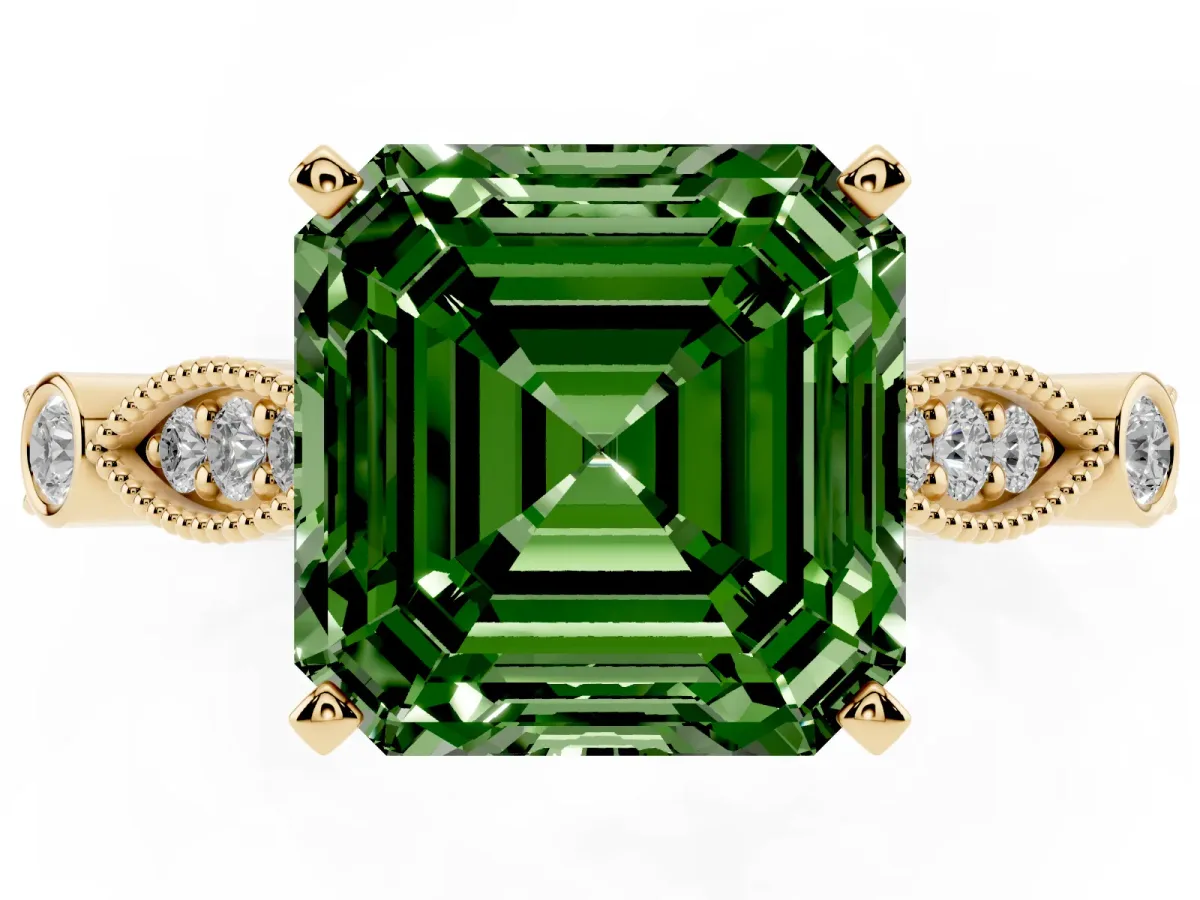 Fancy Green Asscher Cut Cut Diamond with Milgrain Marquise and Bezel Accents on a Solitaire Band with Prong Setting Yellow gold
