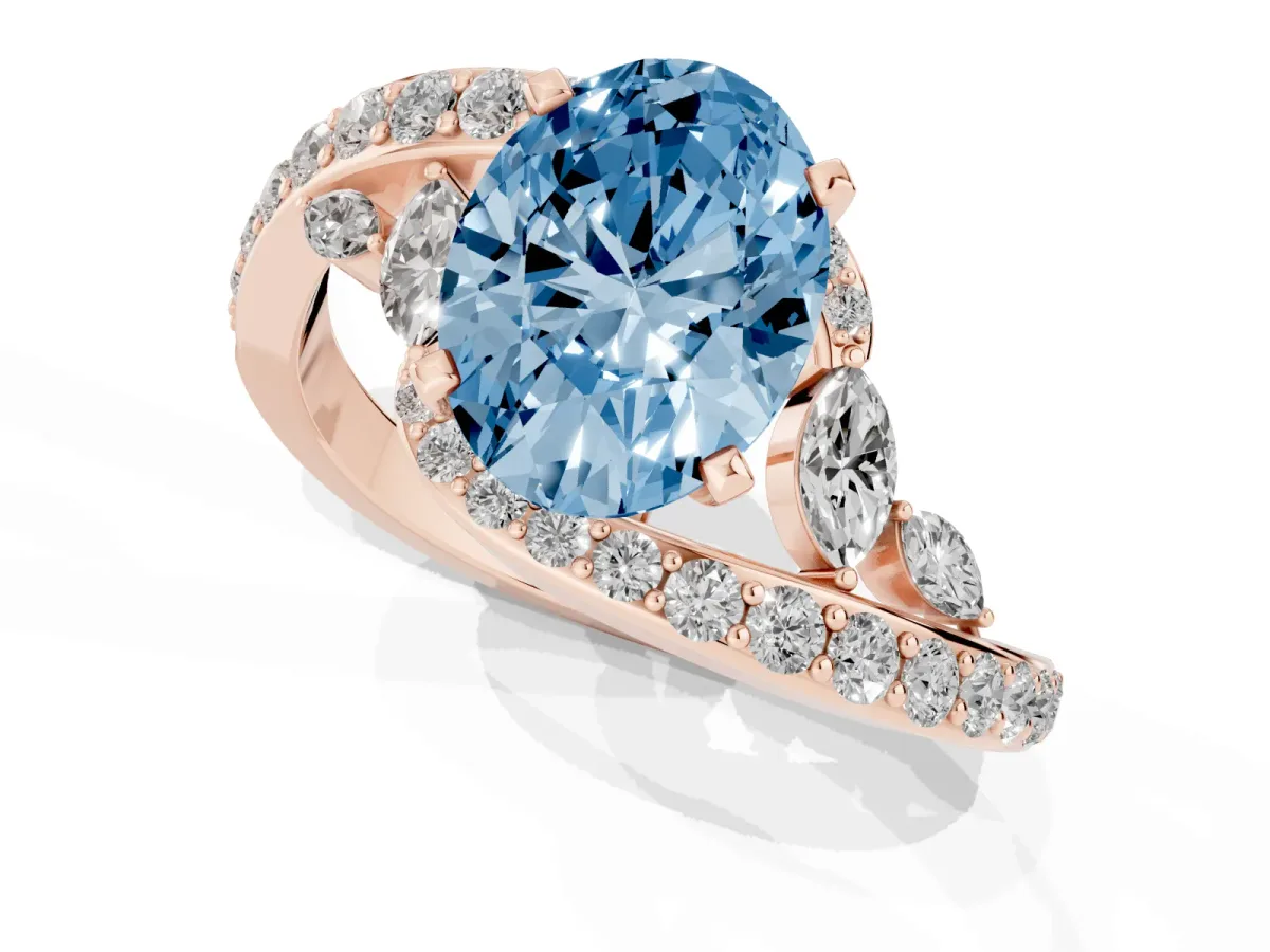 Fancy Blue Oval Cut Solitaire with Pavé Twist Band and Four-Prong Setting Rose gold