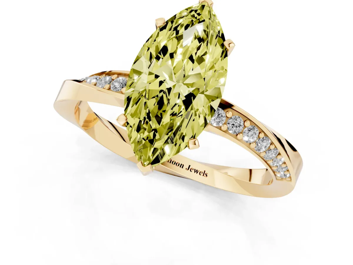 Fancy Yellow Marquise Cut Diamond Engagement Ring with Side Stone Accents and Four-Prong Setting Yellow gold