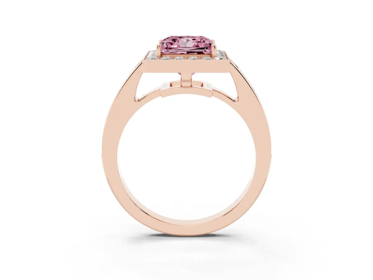 Fancy Pink Princess Cut Halo Pavé Diamond Engagement Ring with Bezel Setting Rose gold