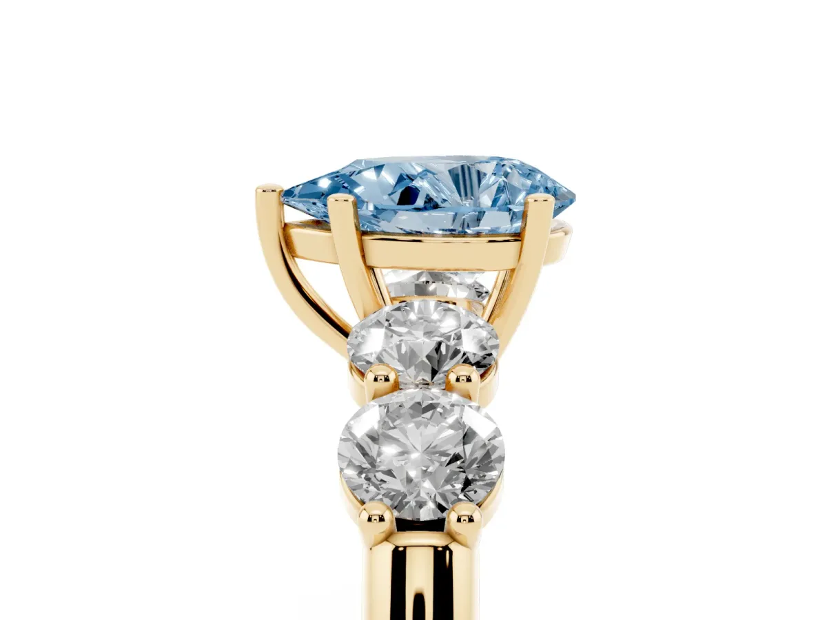 Fancy Blue Pear Cut Cut Five-Stone Prong Set Diamond Ring with Classic Band Yellow gold