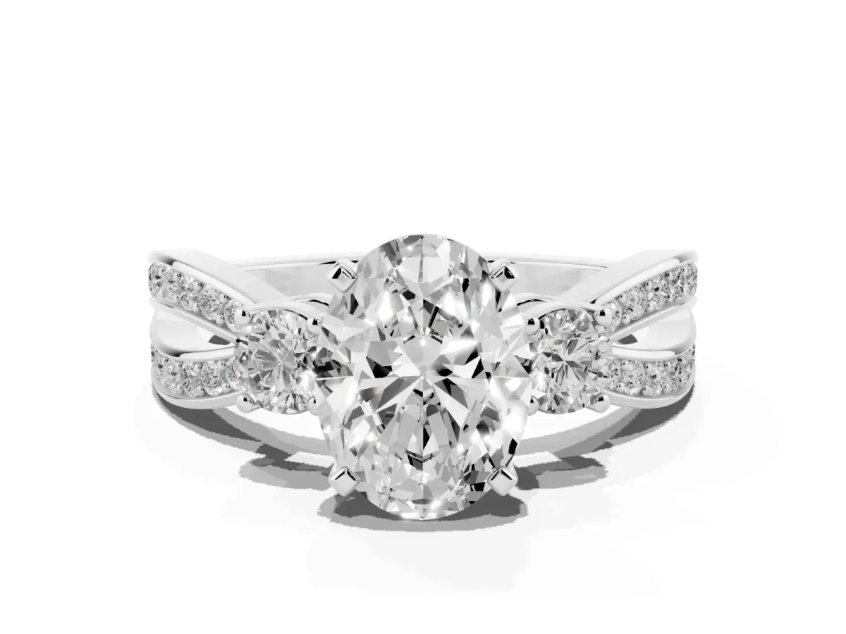 Three-Stone Oval Cut Cut Diamond Twist Band with Prong Setting Silver