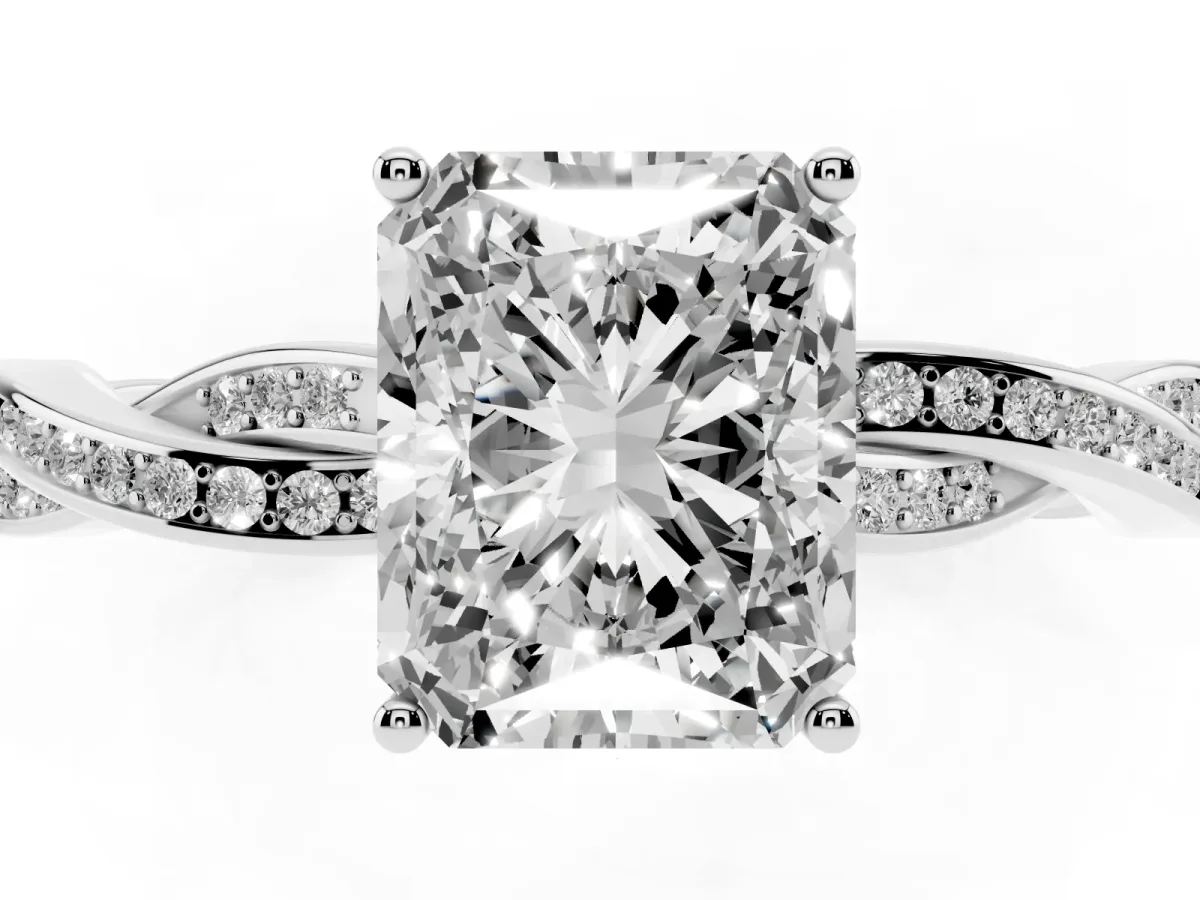 Radiant Cut Solitaire Twisted Pave Diamond Ring with Four-Prong Setting White gold