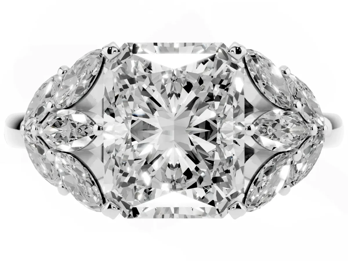 Radiant Cut Diamond Cluster Leaf Design Ring with Prong Setting Silver