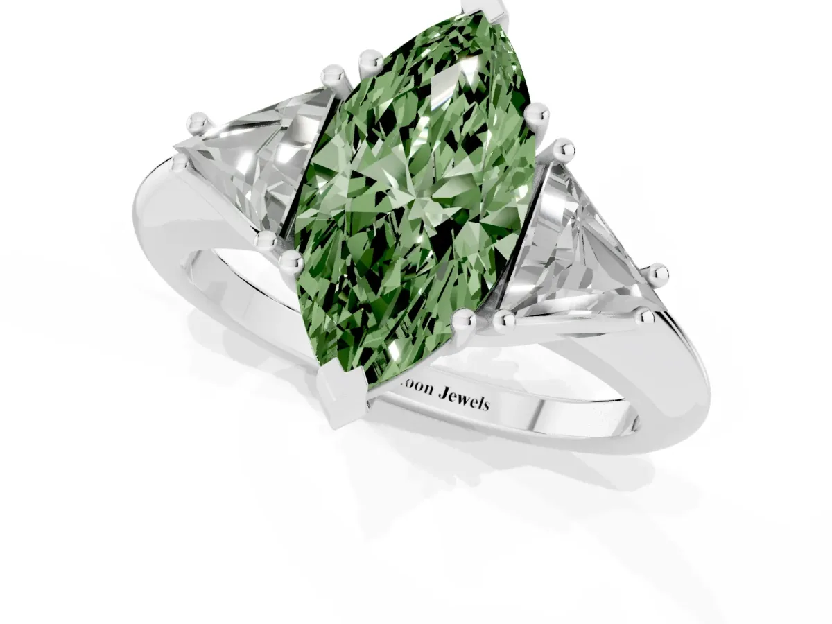 Fancy Green Three-Stone Marquise Cut Diamond Engagement Ring with Trillion Side Stones and Prong Setting White gold
